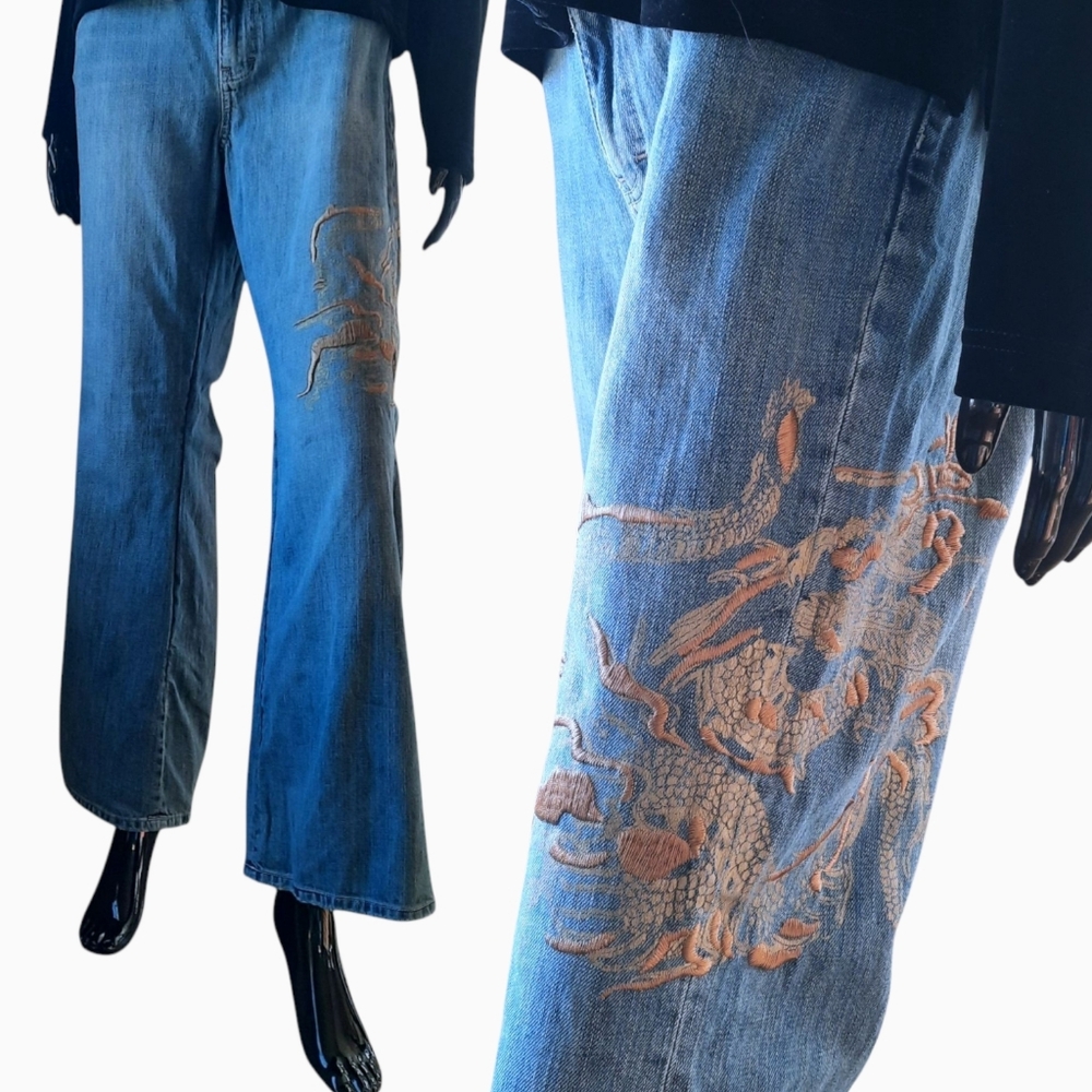 Vintage Y2K Calvin Klein Dragon Embroidered Low Rise Flare Jeans | Size 14